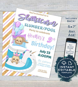 Sloth Sleepover Pool Party Invitation, Slothicorn Editable Unicorn Slumber Party, Sloth-icorn Birthday, ANY Age Printable