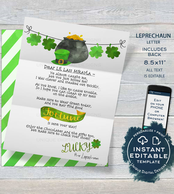 Leprechaun Letter, Editable St Patrick's Day Note, Lucky Irish Leprechaun Trap Message