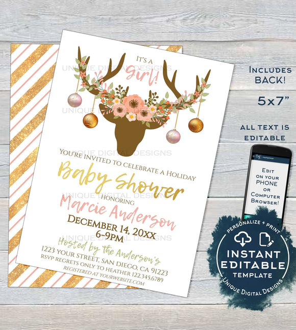 Boho Baby Shower Invitation, Editable Rustic Deer Antler Baby Girl Holiday Invite Party Pink Floral Christmas Printable