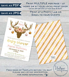 Boho Baby Shower Invitation, Editable Rustic Deer Antler Baby Girl Holiday Invite Party Pink Floral Christmas Printable
