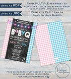 BabyQ Gender Reveal Invitation, Editable He or She BBQ, Pink or Blue Baby Shower Party, Gingham Printable Chalkboard Custom