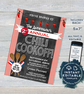Chili Cook Off Invitation, Editable Chili Competition Chili Cookoff Party Vote Fall Party Chalkboard Personalized Printable