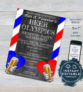 Editable Beer Olympics Wedding Party Invitation, Any Color, Beer Pong Adult Party Invite, Team Bride Team Groom, Printable INSTANT DOWNLOAD