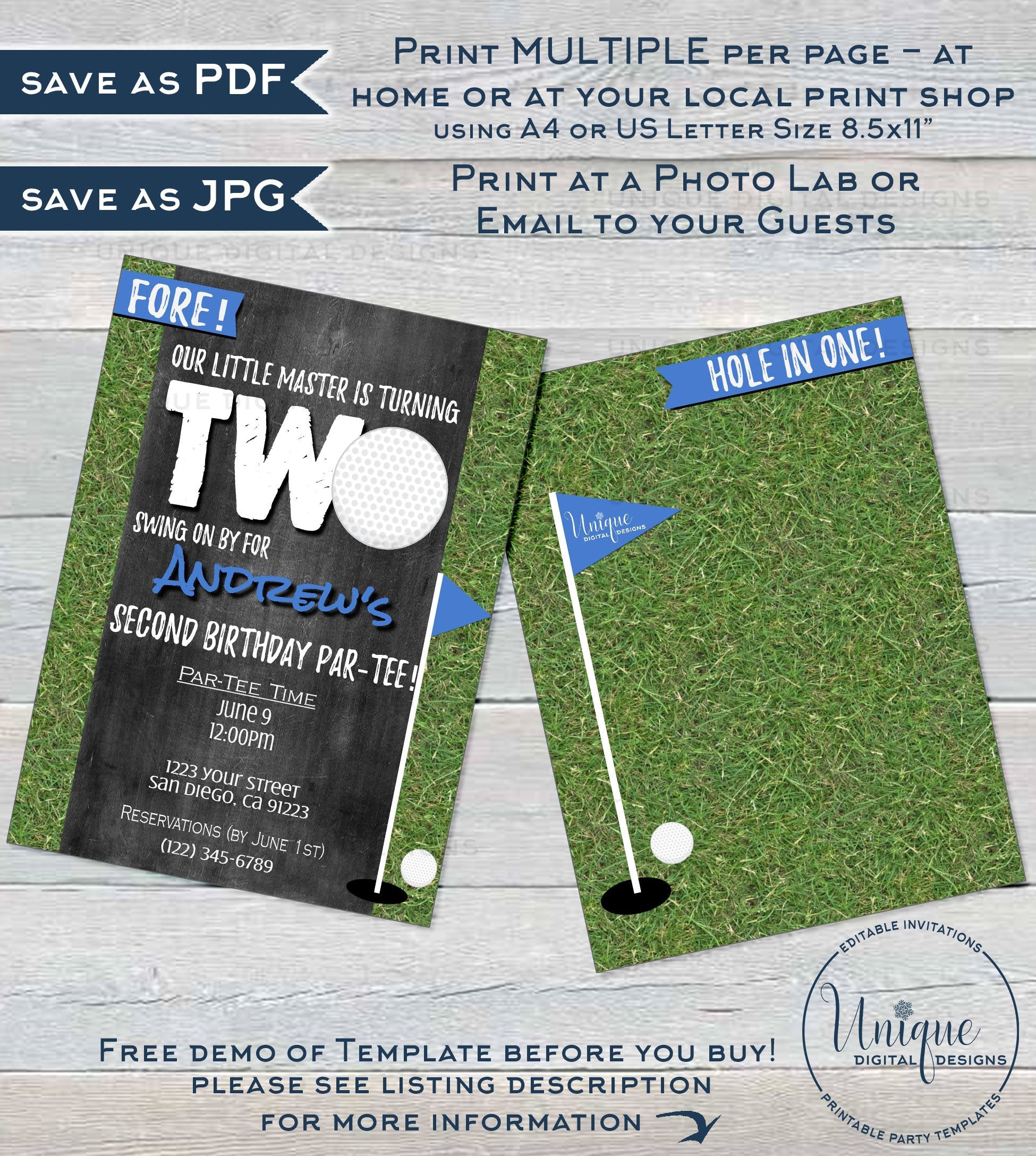 Golf Second Birthday Party Invitation, Editable Hole in Two Par-tee In golf-second-birthday-party-invitation-editable-hole-in-two-par-tee-in