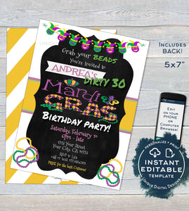 Mardis Gras Birthday Party Invitation, 30th Any Age, Editable Adult Party Invite Costume Party Masks Beads Printable Custom