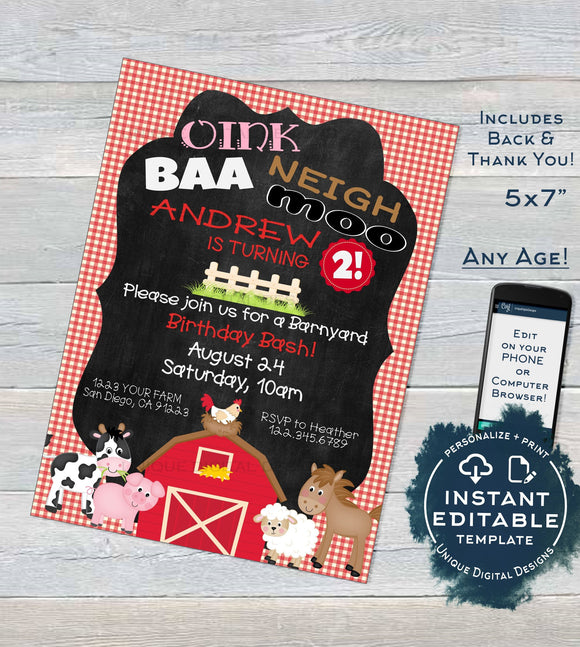 Farm Animal Birthday Invitation, Editable Petting Zoo Birthday Party Invite, Red Barnyard Birthday Bash Printable
