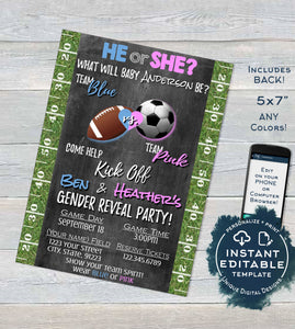 Football Soccer Gender Reveal Invitation, Editable He or She Invite, Team He Team She, Chalkboard  Custom Printable