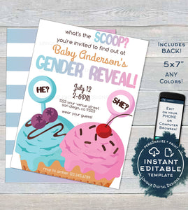 Ice Cream Gender Reveal Invitation, Editable Whats the Scoop Gender Reveal Invite Will Baby be He or She Printable