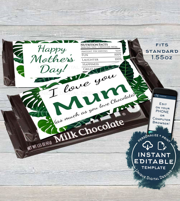 Mother's Day Gift, Editable Candy Bar Wrapper, Mom Appreciation Chocolate Bar Mum Day Greenery Leaf Custom Printable  1.55oz