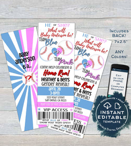 Gender Reveal Invitation, Editable Baby Baseball Ticket Invite, Baby Shower He or She Team Blue Team Pink, Custom Printable