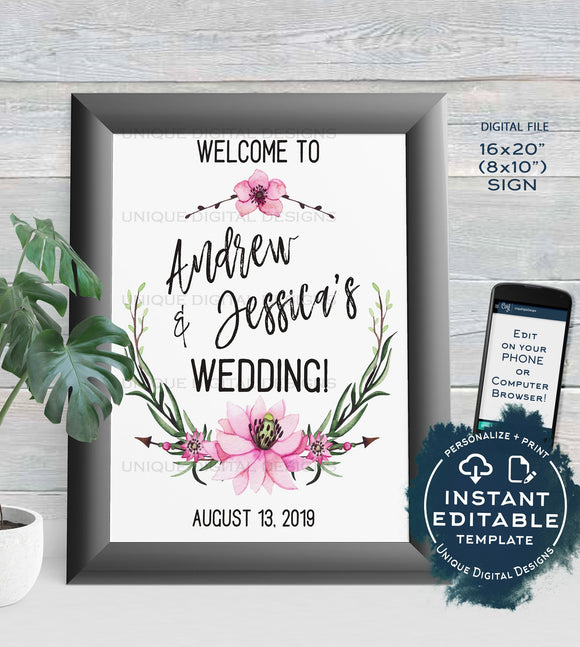 Wedding Welcome Sign Personalized Floral Wedding Poster Watercolor Wreathe Table Decoration Printable