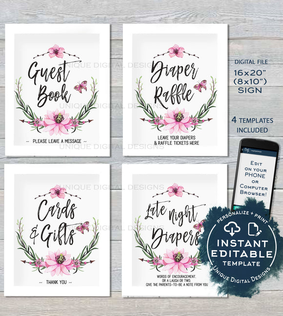 Baby Shower Sign Personalized Floral Shower Games Posters Watercolor Wreathe Table Decoration Printable