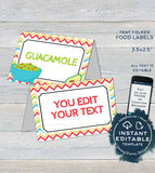 Editable Cinco de Mayo Food Cards, Salsa Guacamole Food Label, Birthday Fiesta theme Mexican Food Tent decoration Printable