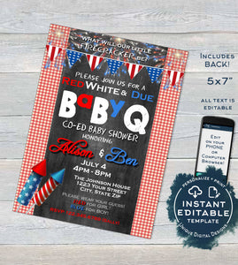 4th of July Baby Shower Invitation, Editable Firecracker BabyQ Invite, Co-ed Baby Shower, Red White and Due BBQ Printable