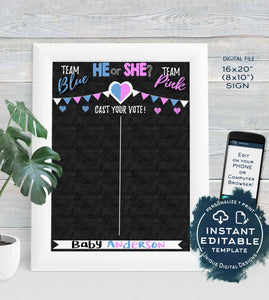 He or She Gender Reveal Party, Editable Cast your Vote Sign, What Will Baby Be Chalkboard Personalized Digital Printable