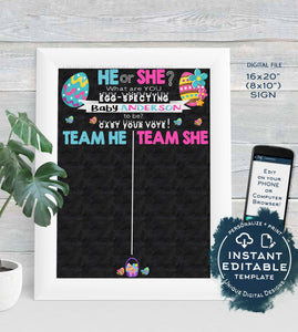 Gender Reveal Sign, Editable Easter Eggspecting Baby Chalkboard He or She Cast Your Vote Easter Bunny Personalize Printable