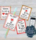 Valentine Card, Glow Stick Favor Tags, Kids Editable Valentines Cards Classroom, Light Up Valentines Day Printable