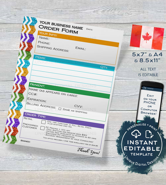Editable CANADA Rodan and Skincare Business Order Form, Canadian Customer Form Consultant Business Launch Printable Digital