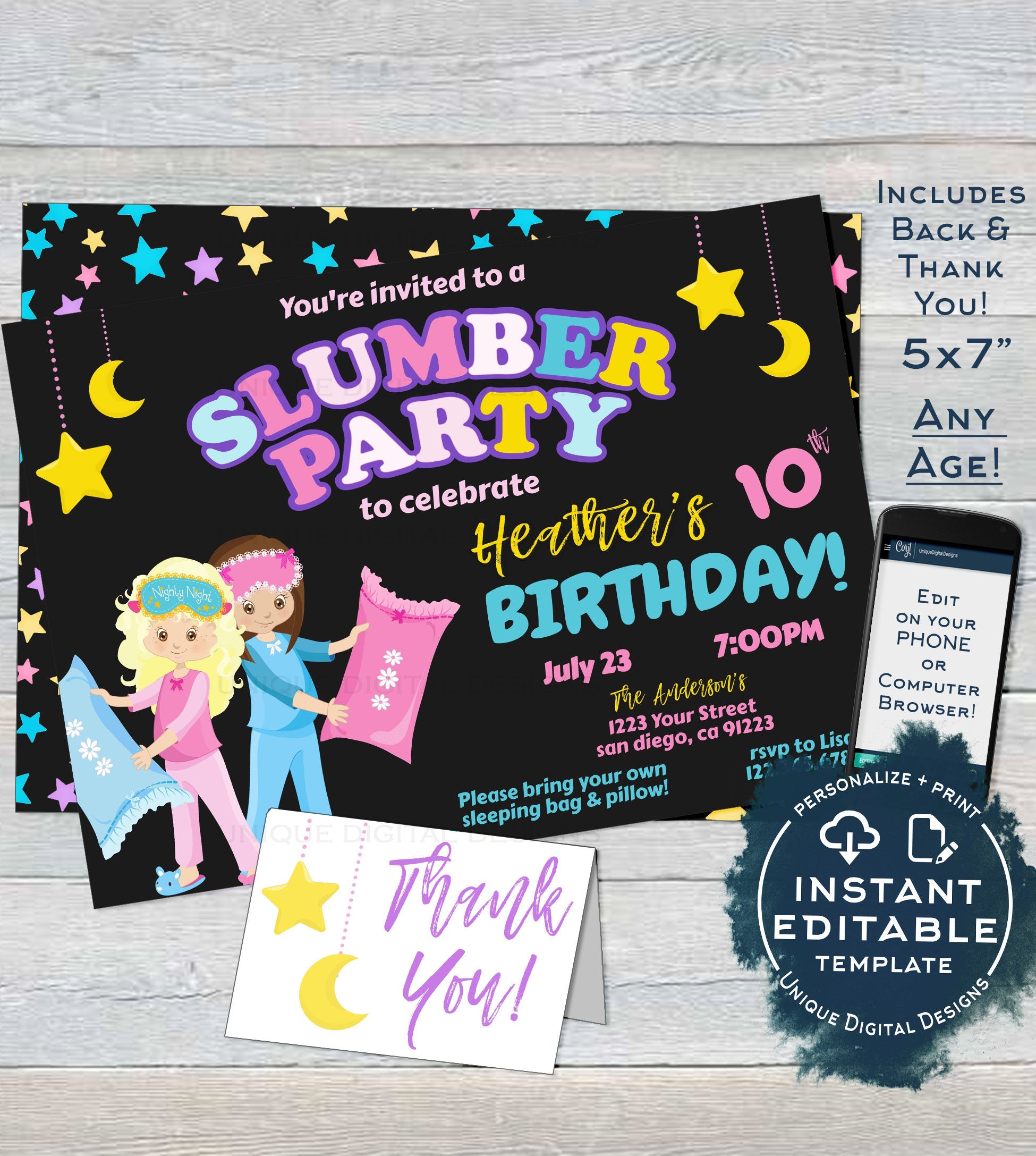 Slumber Party Invitation, Editable Girls Birthday Sleepover Birthday P slumber-party-invitation-editable-girls-birthday-sleepover-birthday-p