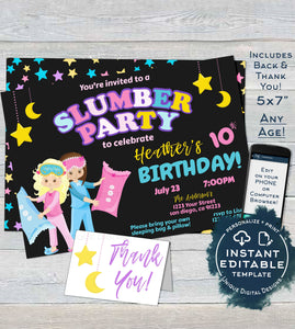 Slumber Party Invitation, Editable Girls Birthday Sleepover Birthday Party Printable Invite, ANY Age, Pajama Party Custom