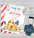 4th of July Sloth Invitation, Editable Backyard Grill Invite Slow Down Hang Out Sloth Party Custom Adult Printable