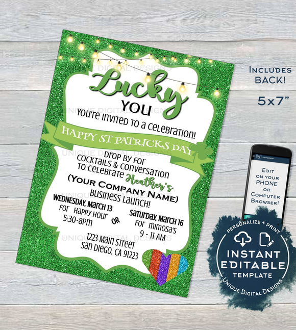 Rodan and Invitation, Editable New Consultant Business Launch Party, St Patrick's Day BBL Invite Green Cocktails, Printable