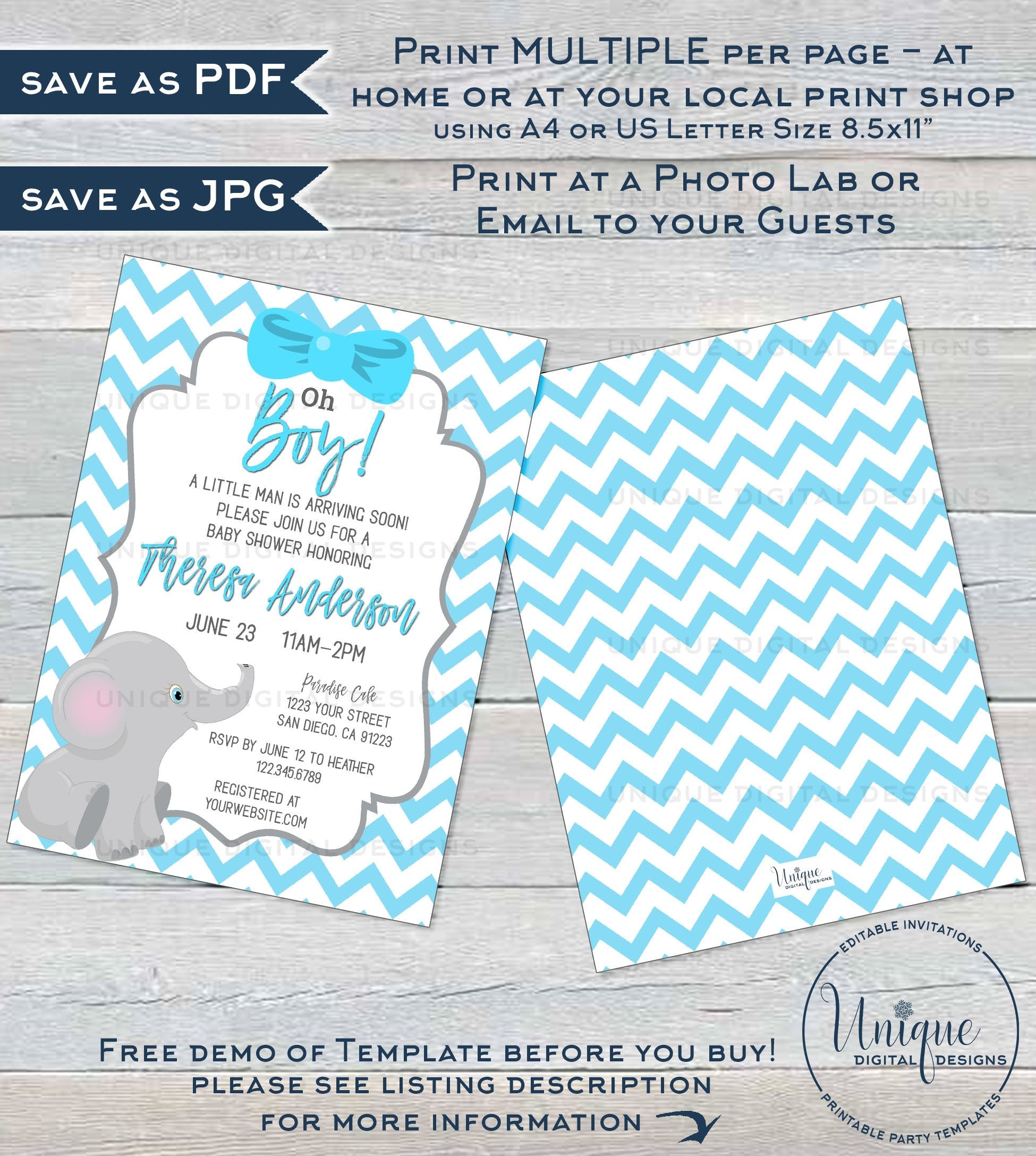 Elephant Baby Shower Invitation, Editable Baby Elephant Invite, Oh Boy elephant-baby-shower-invitation-editable-baby-elephant-invite-oh-boy