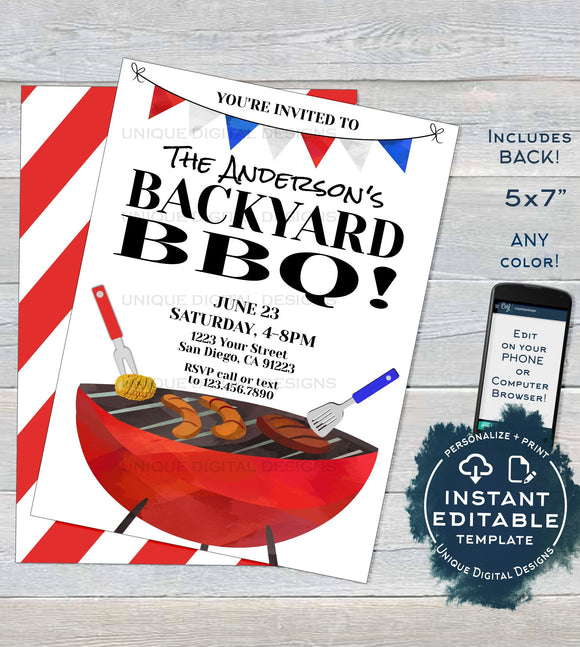 Backyard BBQ Invitation, Editable Neighborhood Summer Yard Grill Out, July 4th Barbeque Street Party Printable Personalized