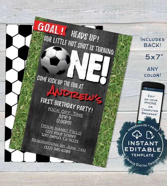 Soccer Birthday Invitation, Editable First Birthday Invite Score 1st Goal One Soccer Kick Off Chalkboard  Printable