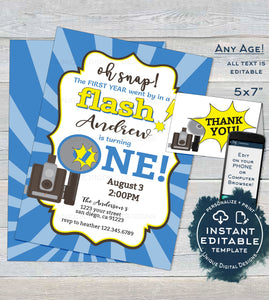 One in a Flash Birthday Invitation, Editable Oh Snap First Birthday Invite, Photo 1st Camera Film Party,  Printable