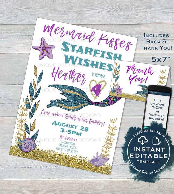 Mermaid Invitation, Editable Mermaid Kisses Starfish Wishes, Under the sea Glitter Girl Birthday Invite, Printable