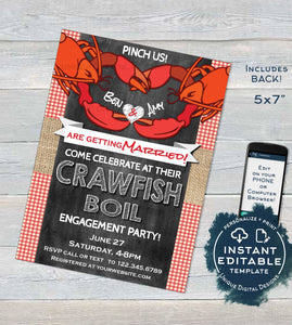 Crawfish Boil Invitation, Editable Crawfish Engagement Party Grill Pinch Us Lobster Bake Married Wedding Print Personalized