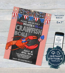 Crawfish Boil Invitation, Editable 4th of July Invite, Lobster Bake July 4th Party, Summer Backyard BBQ, Print Personalized