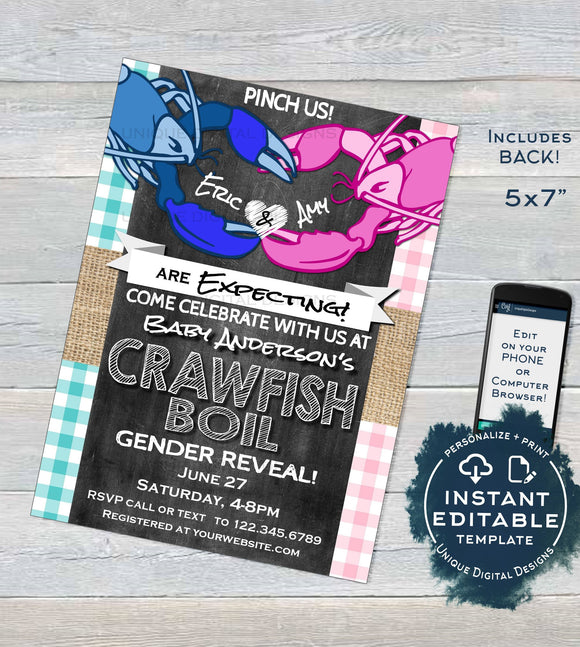 Crawfish Boil Gender Reveal Invitation, Editable Boy or Girl Baby Shower Invite, Pink Blue He or She Lobster Bake Printable
