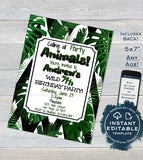 Party Animal Invitation, Editable Jungle Birthday Invite, Wild Child Tropical Party Fern, Chevron Custom Birthday Printable
