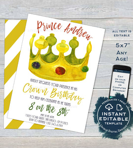 Crown Birthday Invitation, Editable Golden Birthday Invite, Turn Age of your Birthday, Boy Prince King,  Printable
