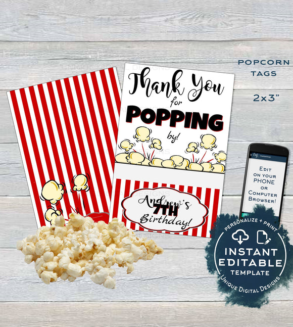 Popcorn Tag, Editable Popcorn Party Favor Labels, Food Tag Birthday Party Favor, Thank You for Poppin By Printable, Custom