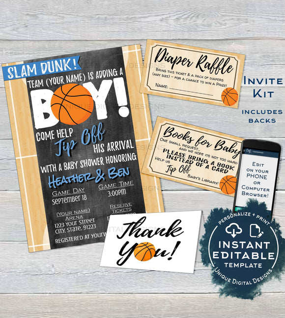 Basketball Baby Shower Invitation KIT, Editable Basketball Baby Boy Invite Suite, Touchdown Diaper Raffle Baby Books Insert