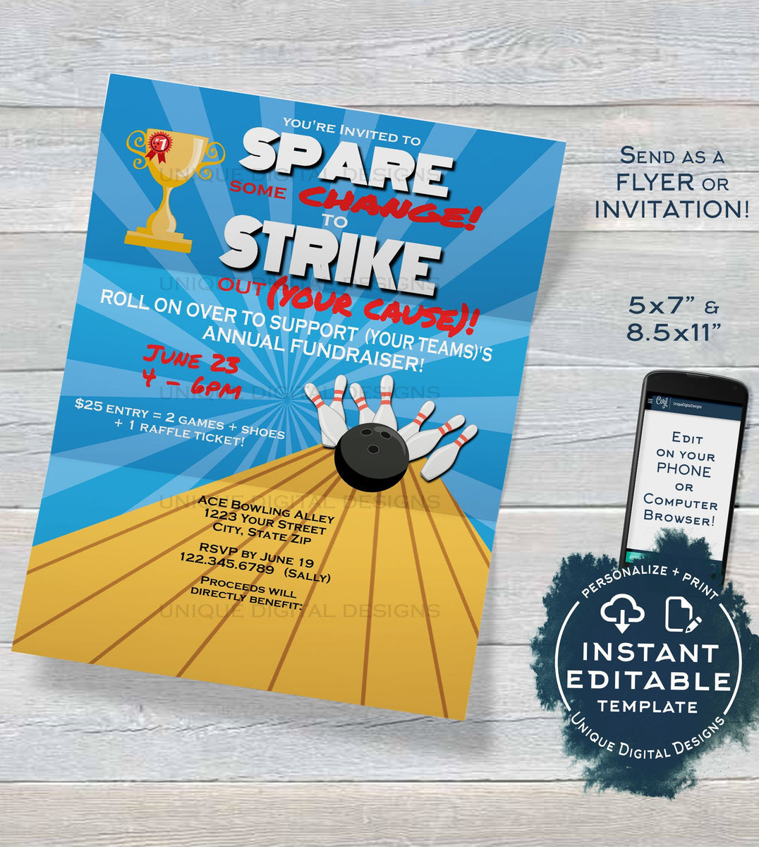 Bowling Fundraiser Flyer, Editable Bowling Ball Spare some change & St