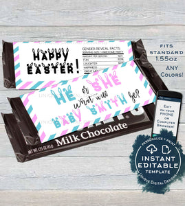 He or She Gender Reveal Candy Bar Wrapper Chocolate Bar Easter Baby Shower decoration Custom Printable  Self EDITABLE 1.55oz