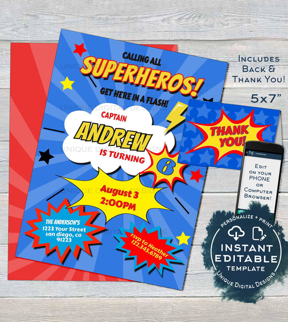 Superhero Birthday Invitation, Editable Boys Superhero Party Invite, ANY Age Boom Bam Pow Custom Digital Printable