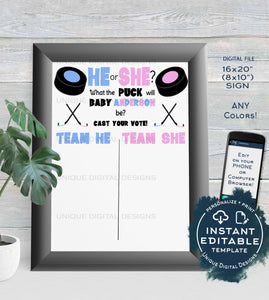 Hockey Gender Reveal Party Cast your Vote Sign, Editable Hockey Sign He or She What the Puck will Baby Be