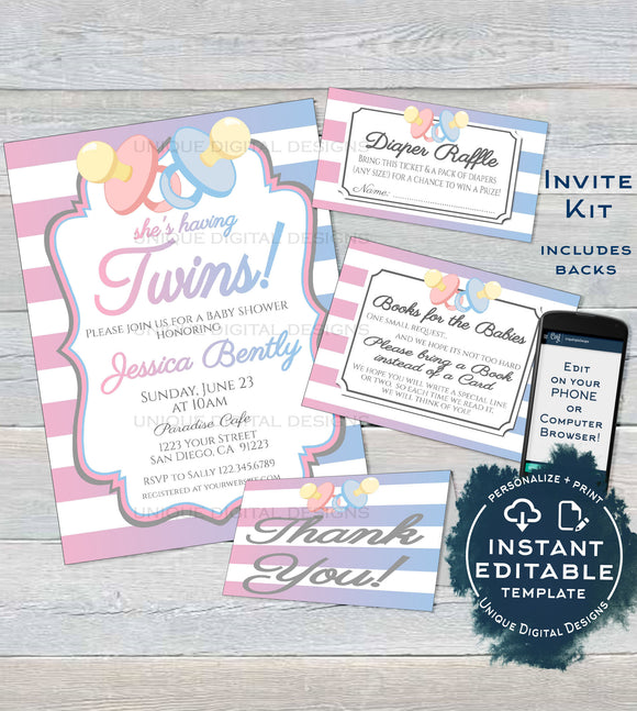 Editable Twins Baby Shower Invitation KIT, Diaper Raffle Books for Baby Insert, Pacifier Twin Boy & Girl Baby Shower Invite