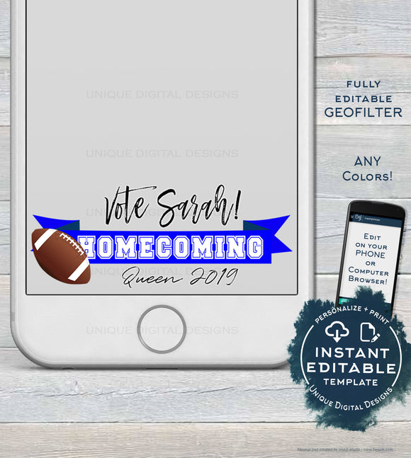 Homecoming Snapchat Geofilter, Editable Homecoming Queen Vote Filter, Football Snapchat Frame, Vote Homecoming King,  Filter
