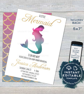 Mermaid Baby Shower Invitation, Editable Girl Mermaid Gold Baby Shower, Under the Sea Baby Sprinkle Printable diy