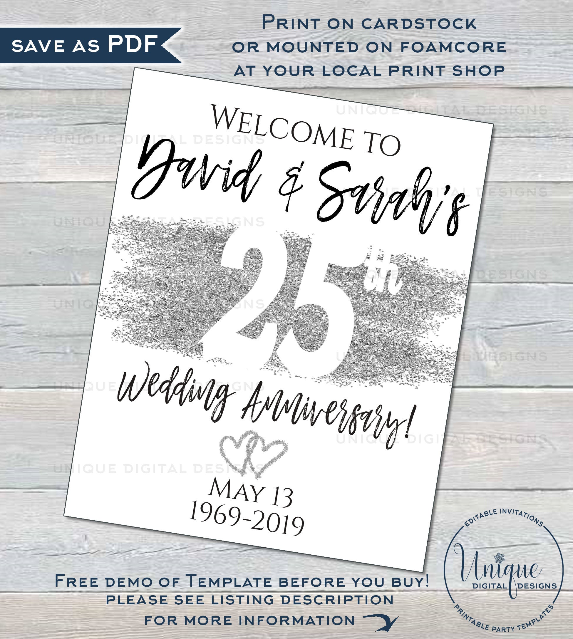 25th Anniversary Welcome Sign, ANY Year, Editable Wedding Anniversary 25th-anniversary-welcome-sign-any-year-editable-wedding-anniversary