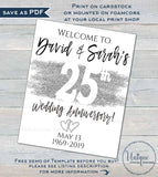 25th Anniversary Welcome Sign, ANY Year, Editable Wedding Anniversary Sign Decor, Silver Glitter diy Printable
