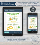 St Patrick's Day Bridal Shower Invitation, Editable Lucky in Love Wedding Party Invite, Lucky Green Gold Custom Printable
