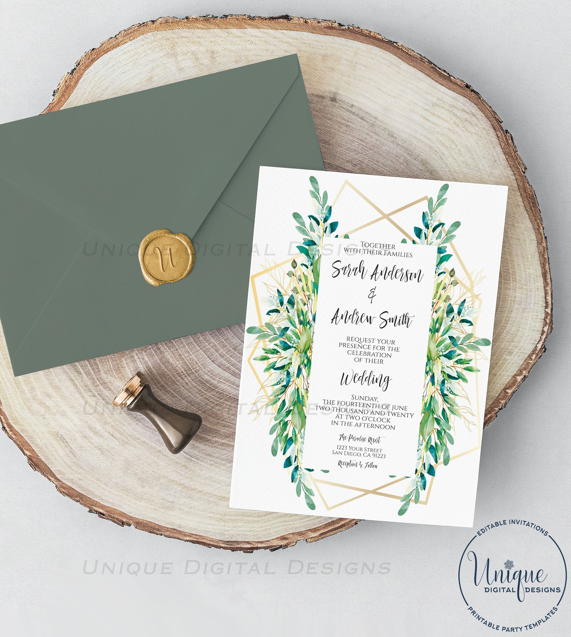 succulent invitation template Greenery Wedding Invitation , Elegant Watercolor Succulent Marriage In