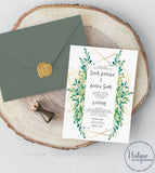 Greenery Wedding Invitation , Elegant Watercolor Succulent Marriage Invite, Gold Boho Eucalyptus Digital Printable